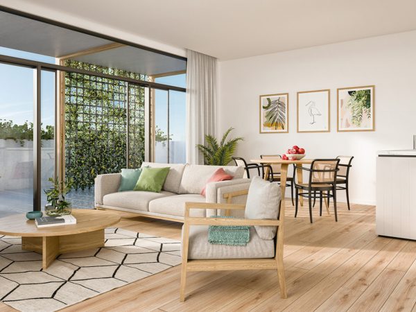 Architectural render of an apartment living area at Peninsula View Retirement Living